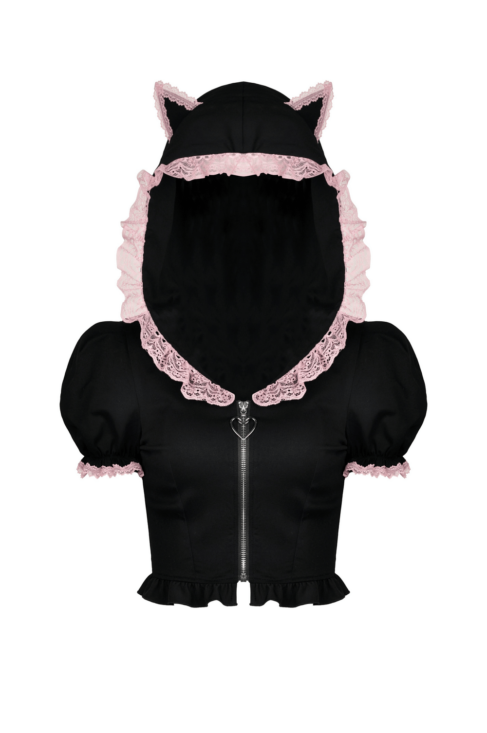Black Cat Ear Crop Top with Hood And Pink Lace Collar