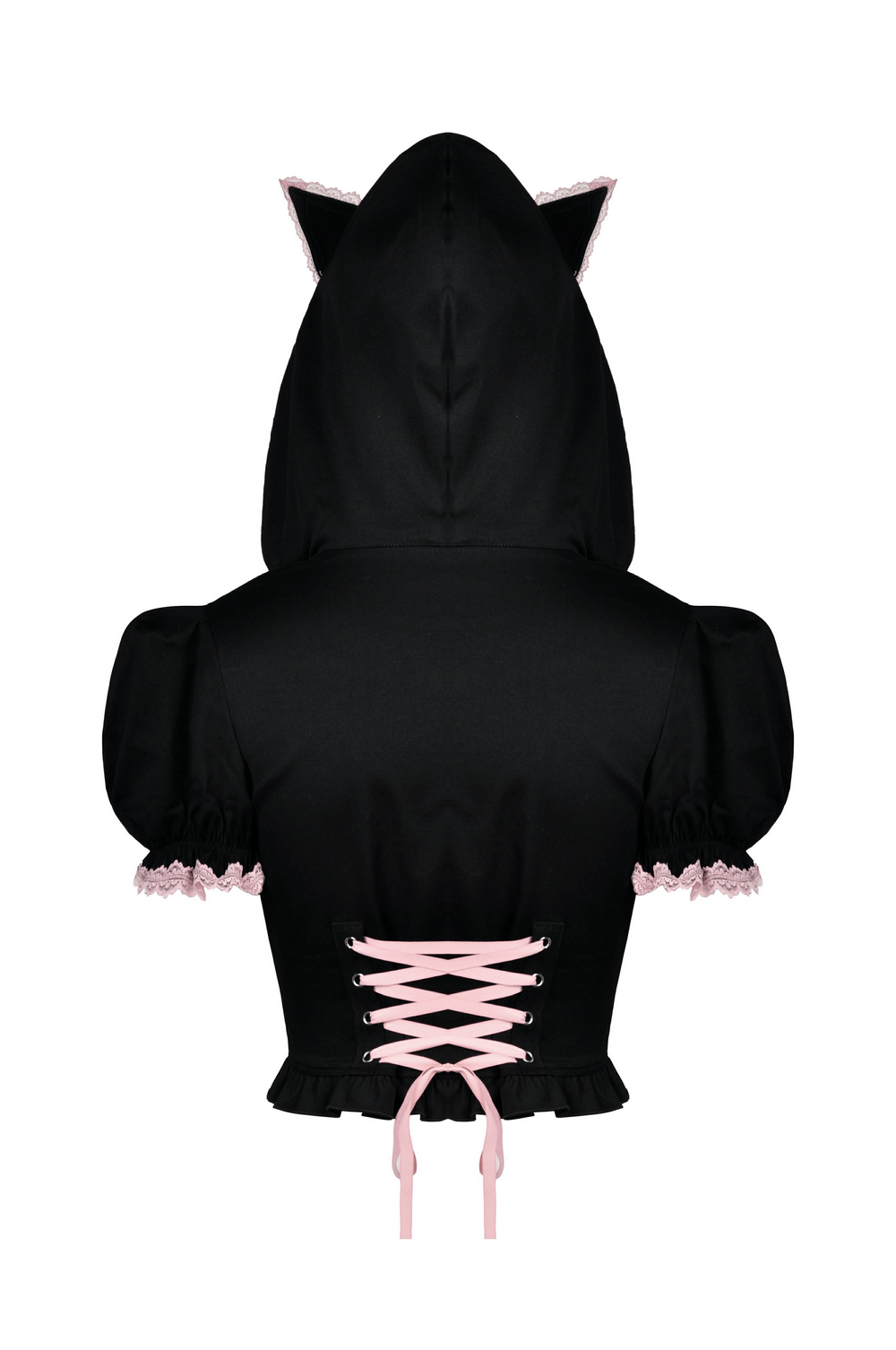 Black Cat Ear Crop Top with Hood And Pink Lace Collar