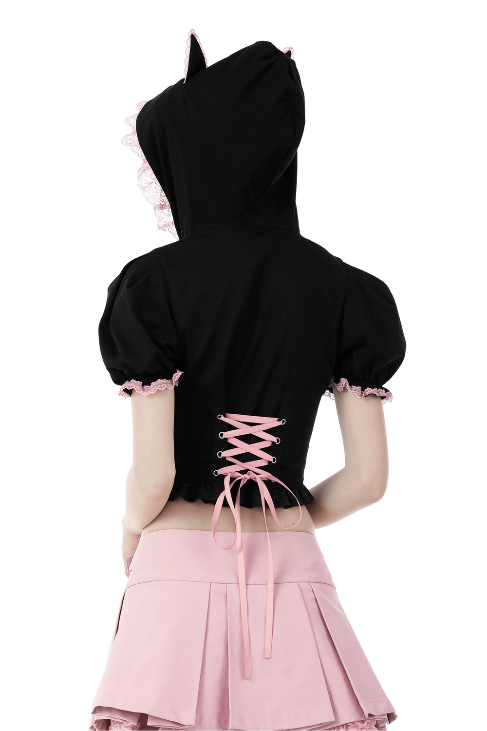 Black Cat Ear Crop Top with Hood And Pink Lace Collar