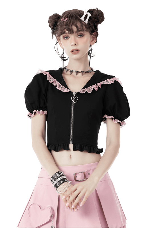 Black Cat Ear Crop Top with Hood And Pink Lace Collar