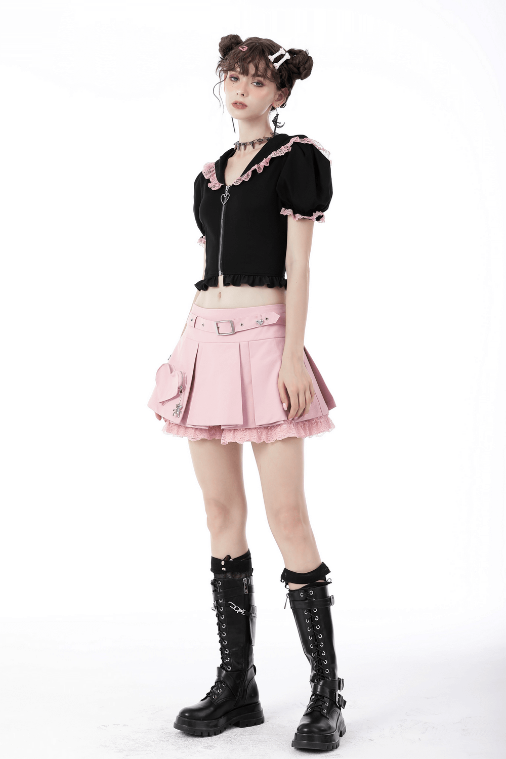 Black Cat Ear Crop Top with Hood And Pink Lace Collar