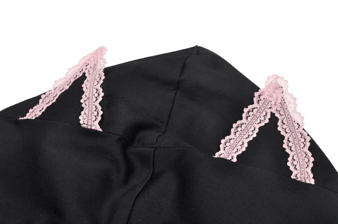 Black Cat Ear Crop Top with Hood And Pink Lace Collar