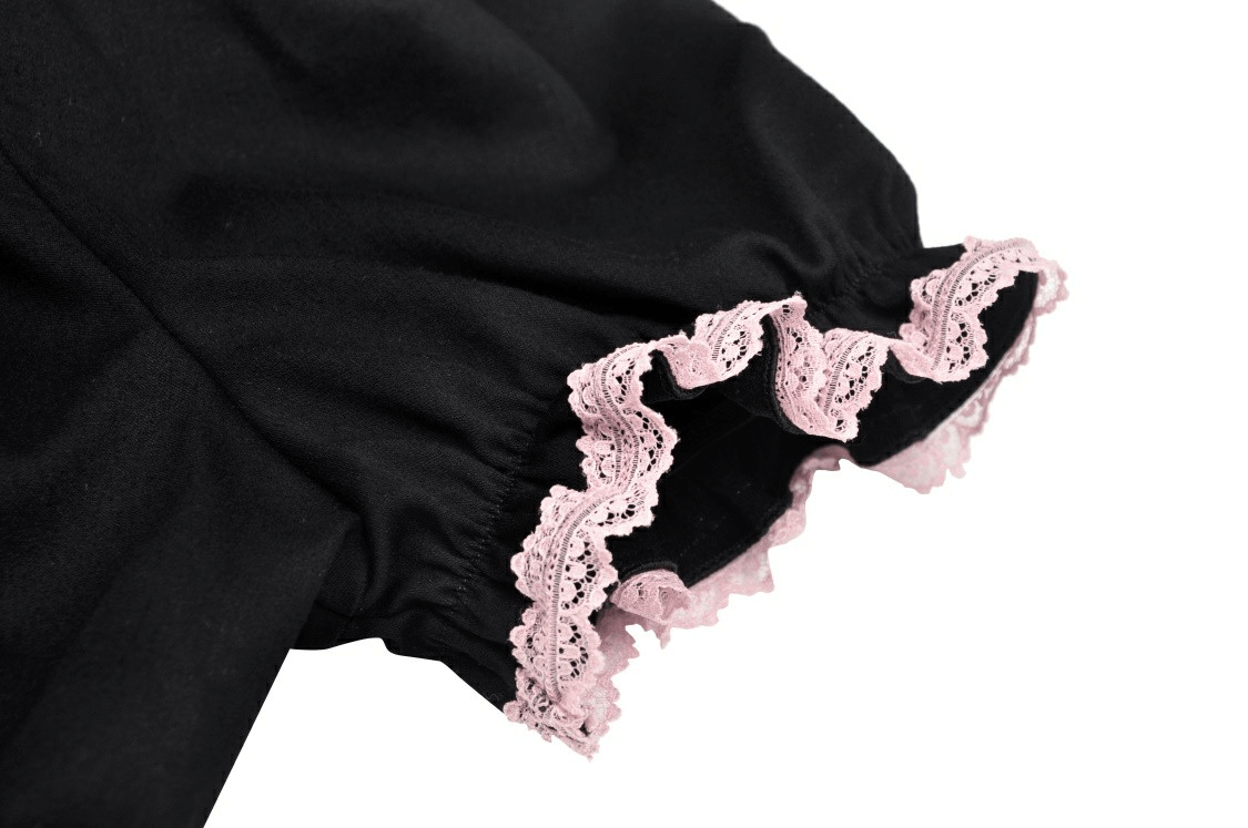 Black Cat Ear Crop Top with Hood And Pink Lace Collar