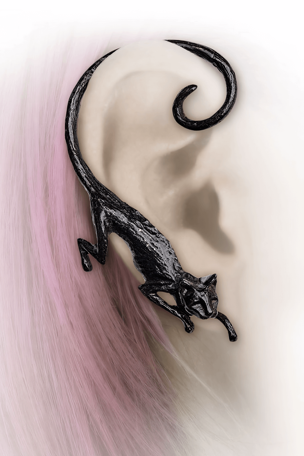 Black Cat Earwrap in Pewter with Curled Tail Design
