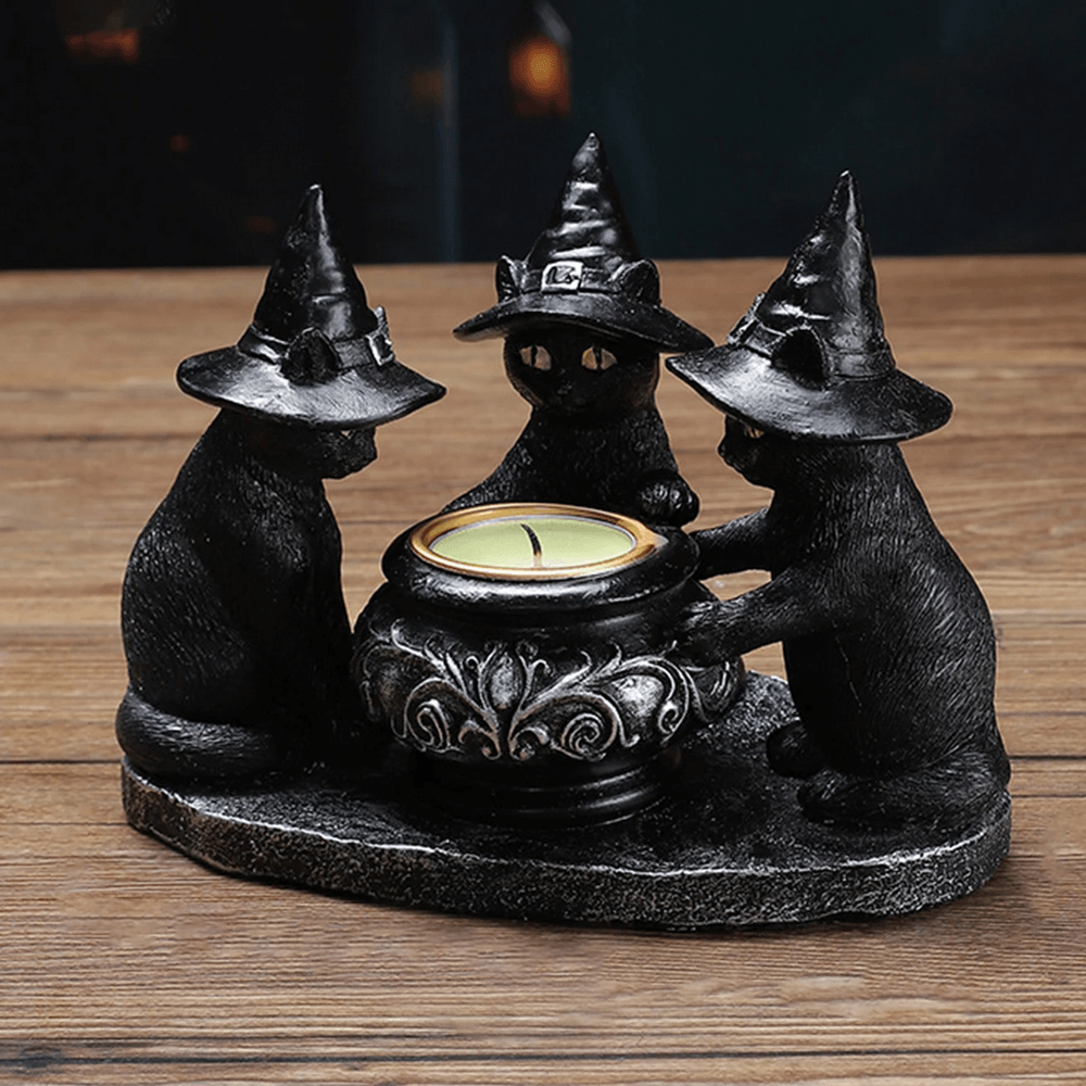 Black Cat Witch Candle Holder for Halloween and Home Decor