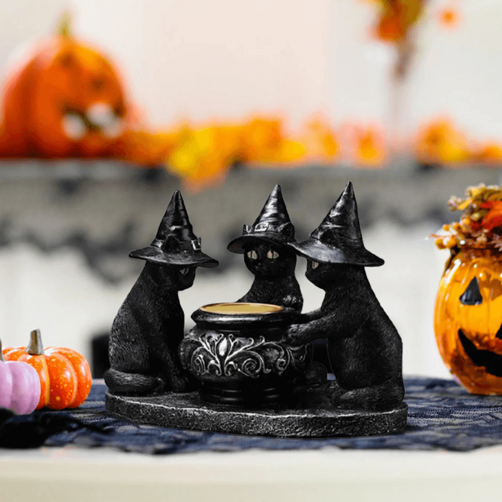 Black Cat Witch Candle Holder for Halloween and Home Decor