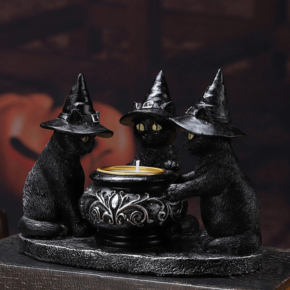 Black Cat Witch Candle Holder for Halloween and Home Decor