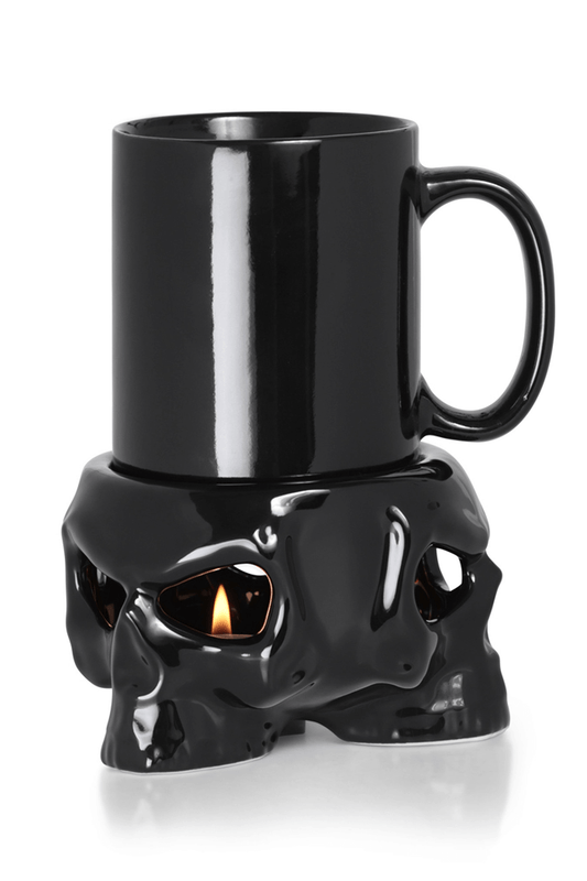 Black Ceramic Skull Mug and Tealight Warmer Stand