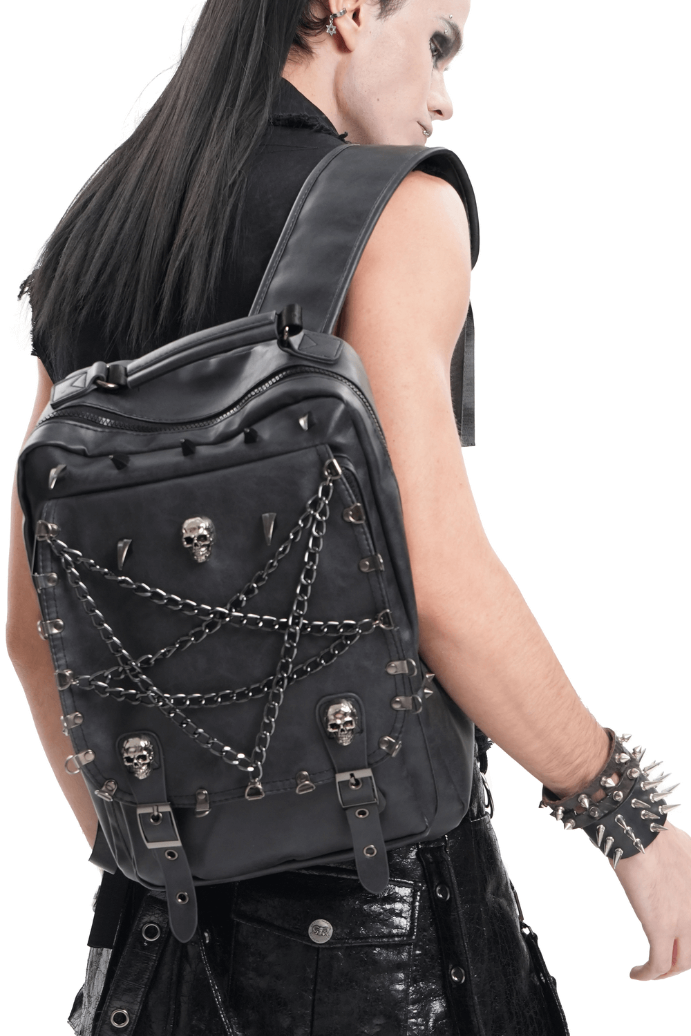 Black Chain and Skull Embellished Gothic Backpack