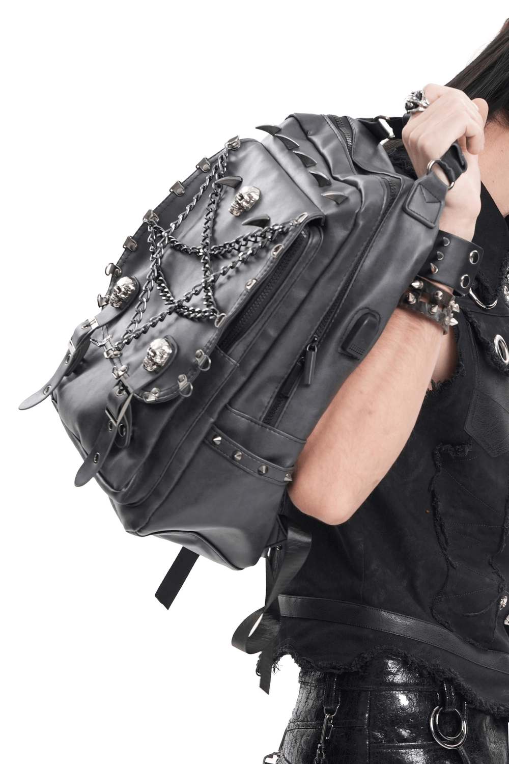 Black Chain and Skull Embellished Gothic Backpack