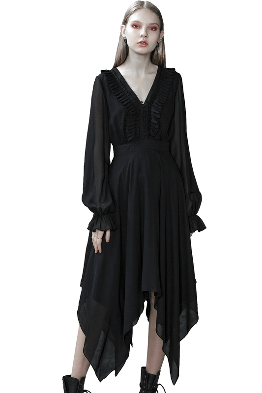 Black Chiffon Dress with Asymmetrical Layered Hem