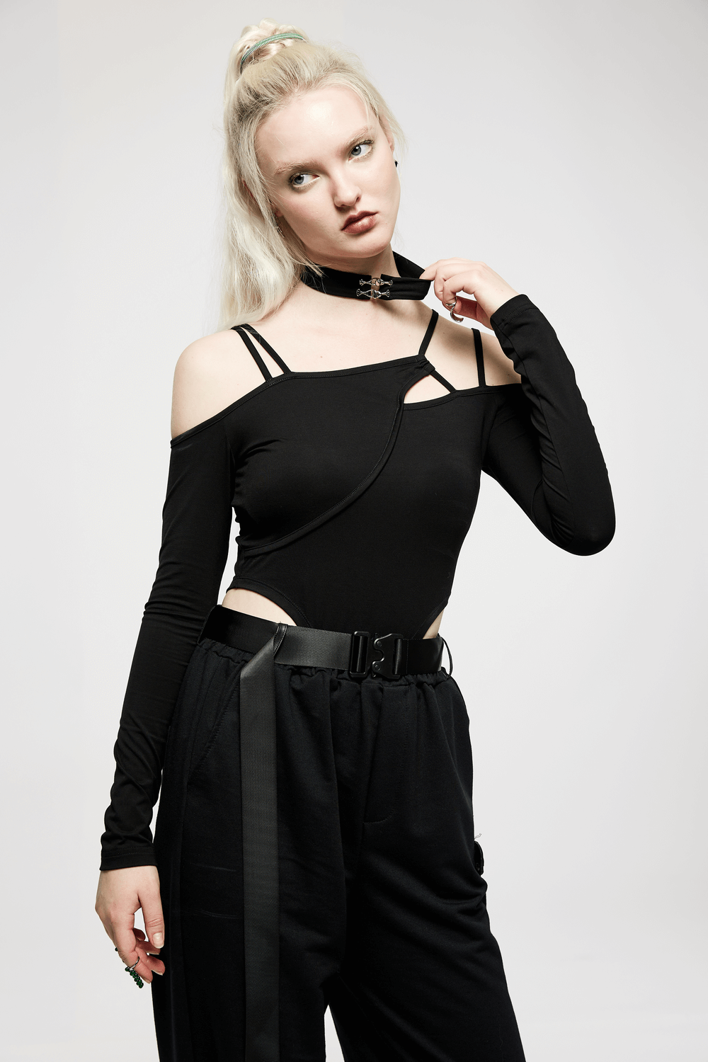 Black Choker Neck Asymmetric Long Sleeves Bodysuit