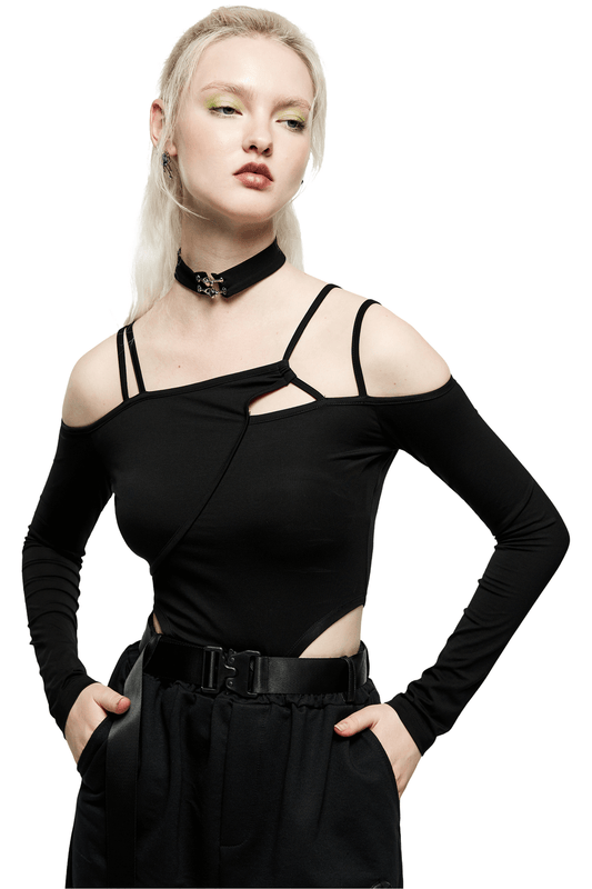 Black Choker Neck Asymmetric Long Sleeves Bodysuit