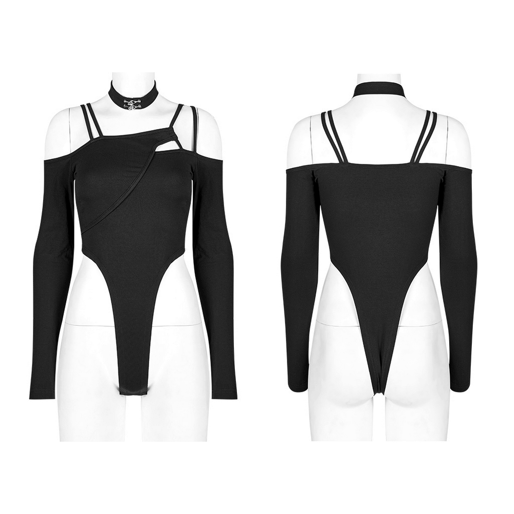 Black Choker Neck Asymmetric Long Sleeves Bodysuit
