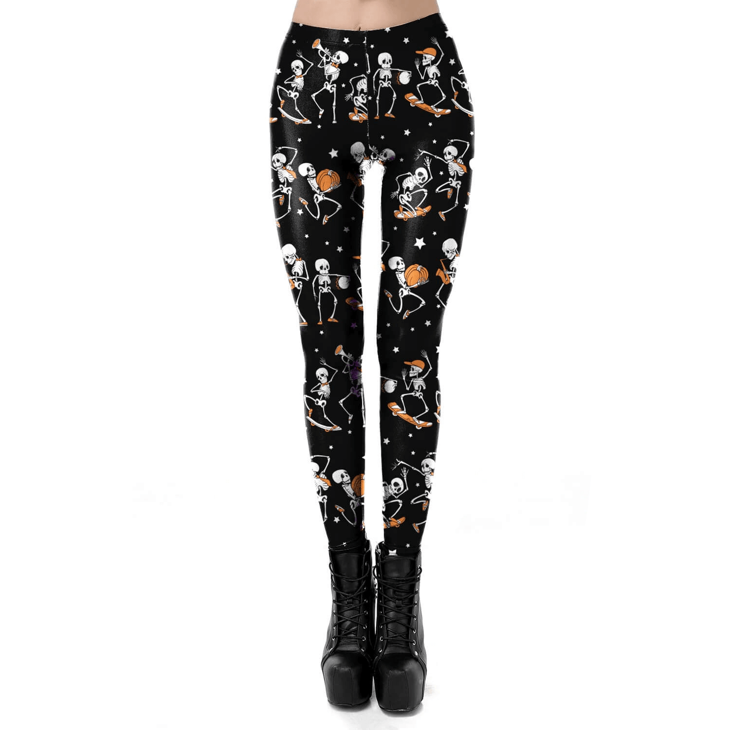Black Classic Female Leggings with Skulls and Pumpkins for Halloween / Sexy Workout Pants for Women