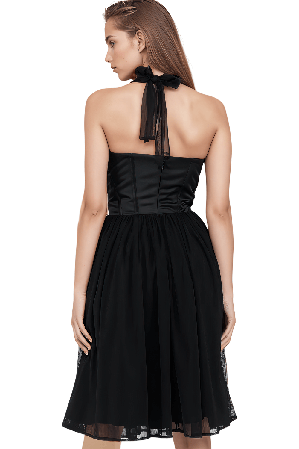 Black Corset Midi Dress with Soft Net Skirt and Side Zipper