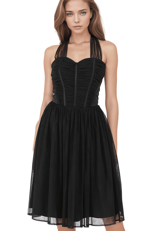 Black Corset Midi Dress with Soft Net Skirt and Side Zipper
