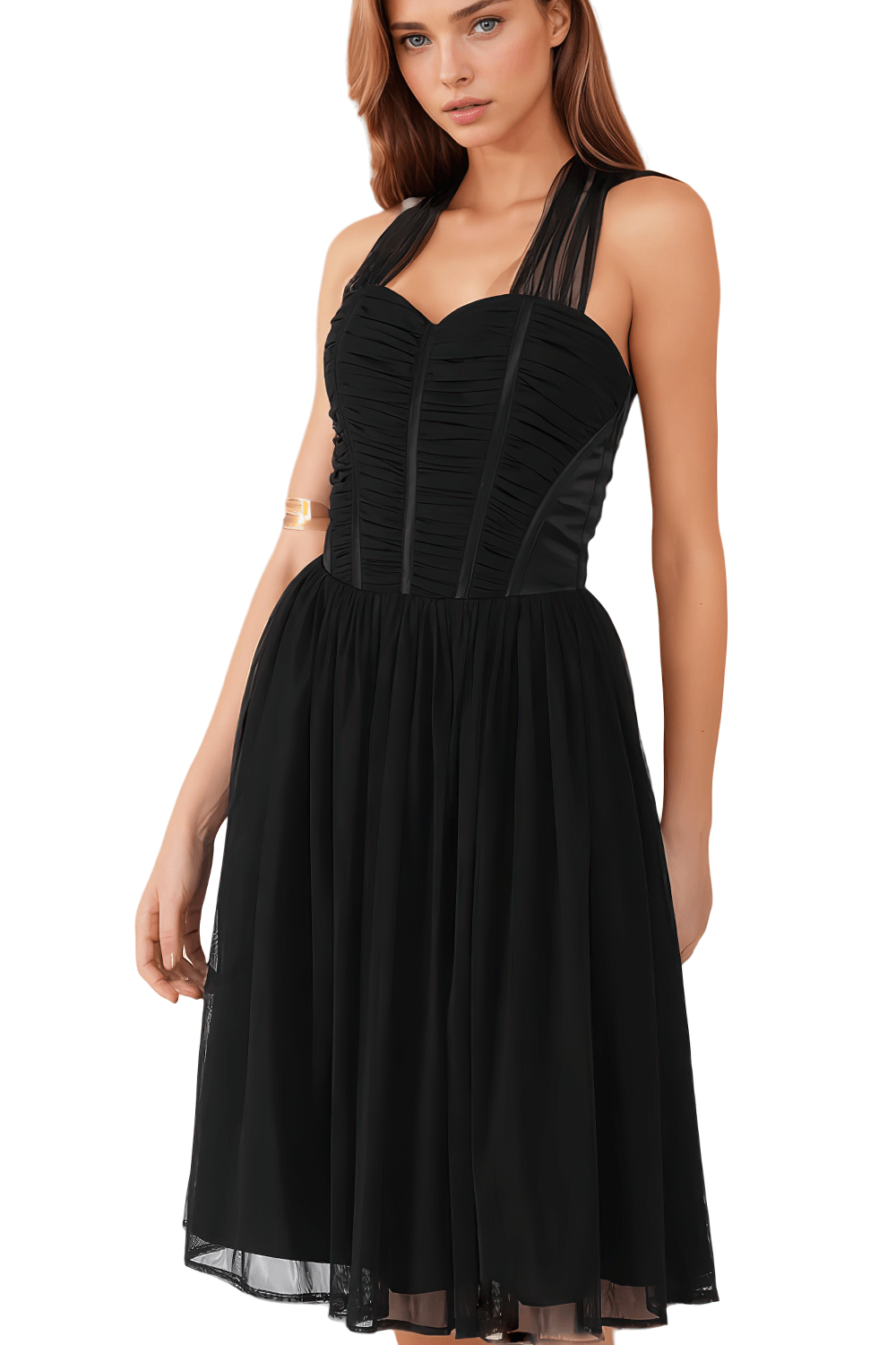 Black Corset Midi Dress with Soft Net Skirt and Side Zipper