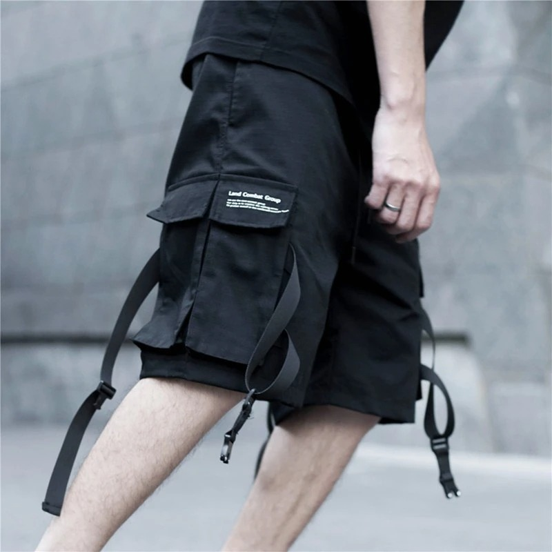 Black Cotton Cargo Shorts for Men / Casual Male Shorts with Reflective Ribbons