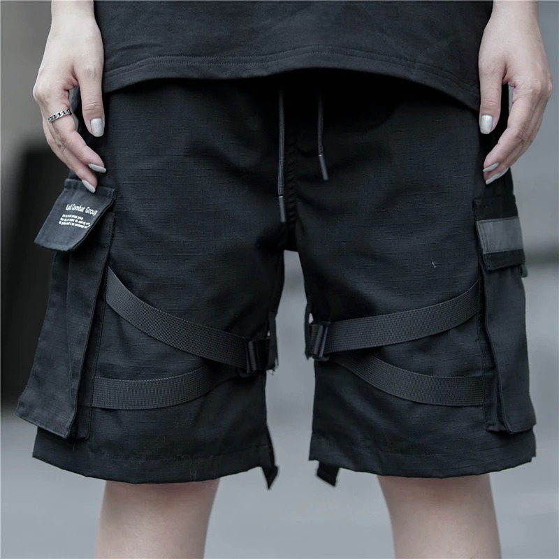 Black Cotton Cargo Shorts for Men / Casual Male Shorts with Reflective Ribbons