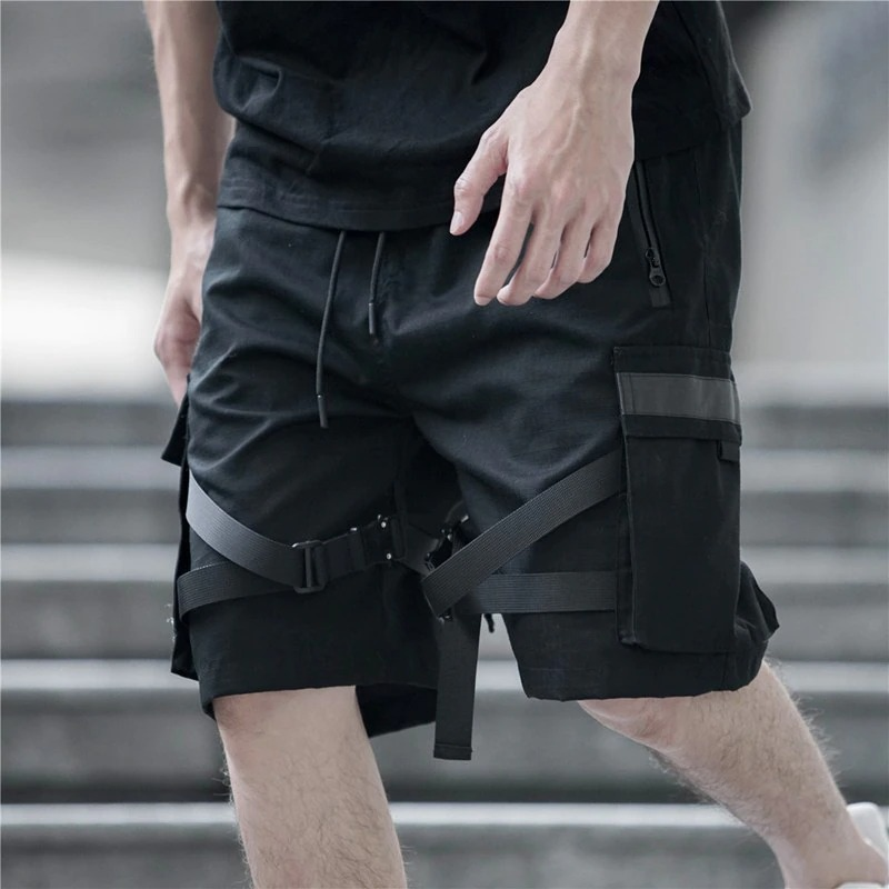 Black Cotton Cargo Shorts for Men / Casual Male Shorts with Reflective Ribbons