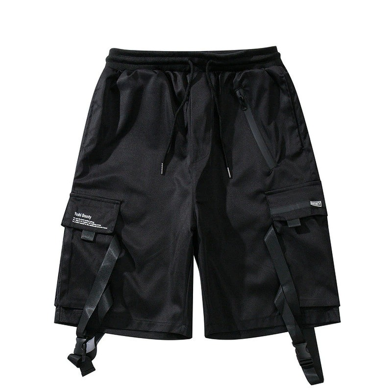 Black Cotton Cargo Shorts for Men / Casual Male Shorts with Reflective Ribbons
