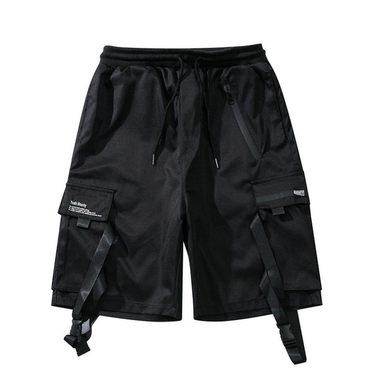 Black Cotton Cargo Shorts for Men / Casual Male Shorts with Reflective Ribbons