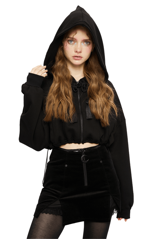 Black Cropped Hoodie with Enchanting Wizard Hood