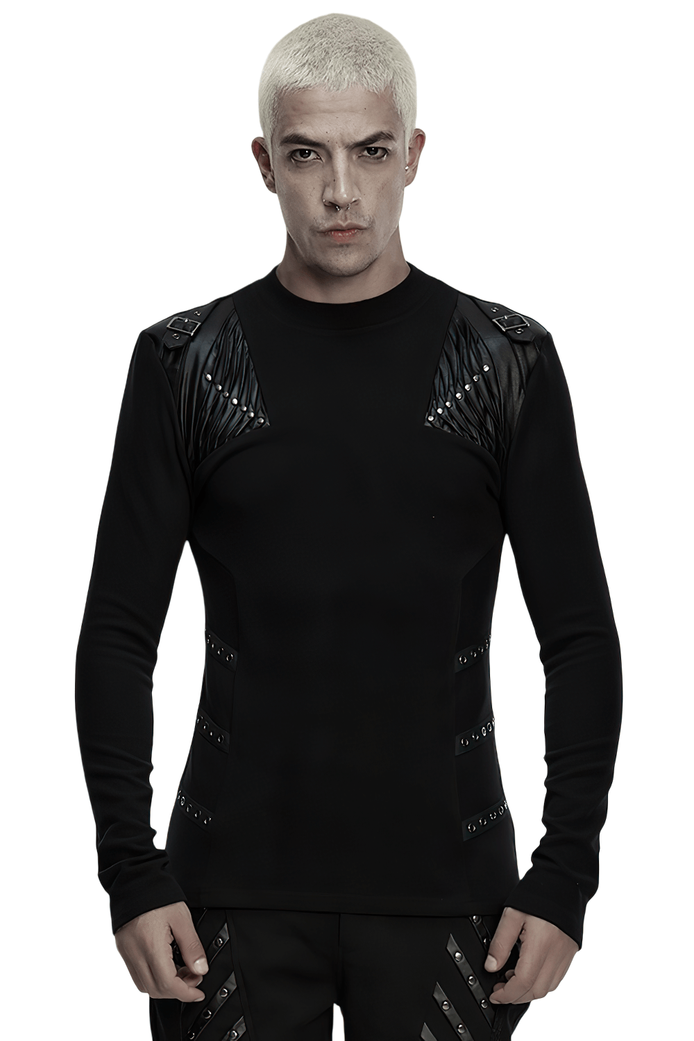 Black Cyberpunk Long Sleeve Top with Textured Panels