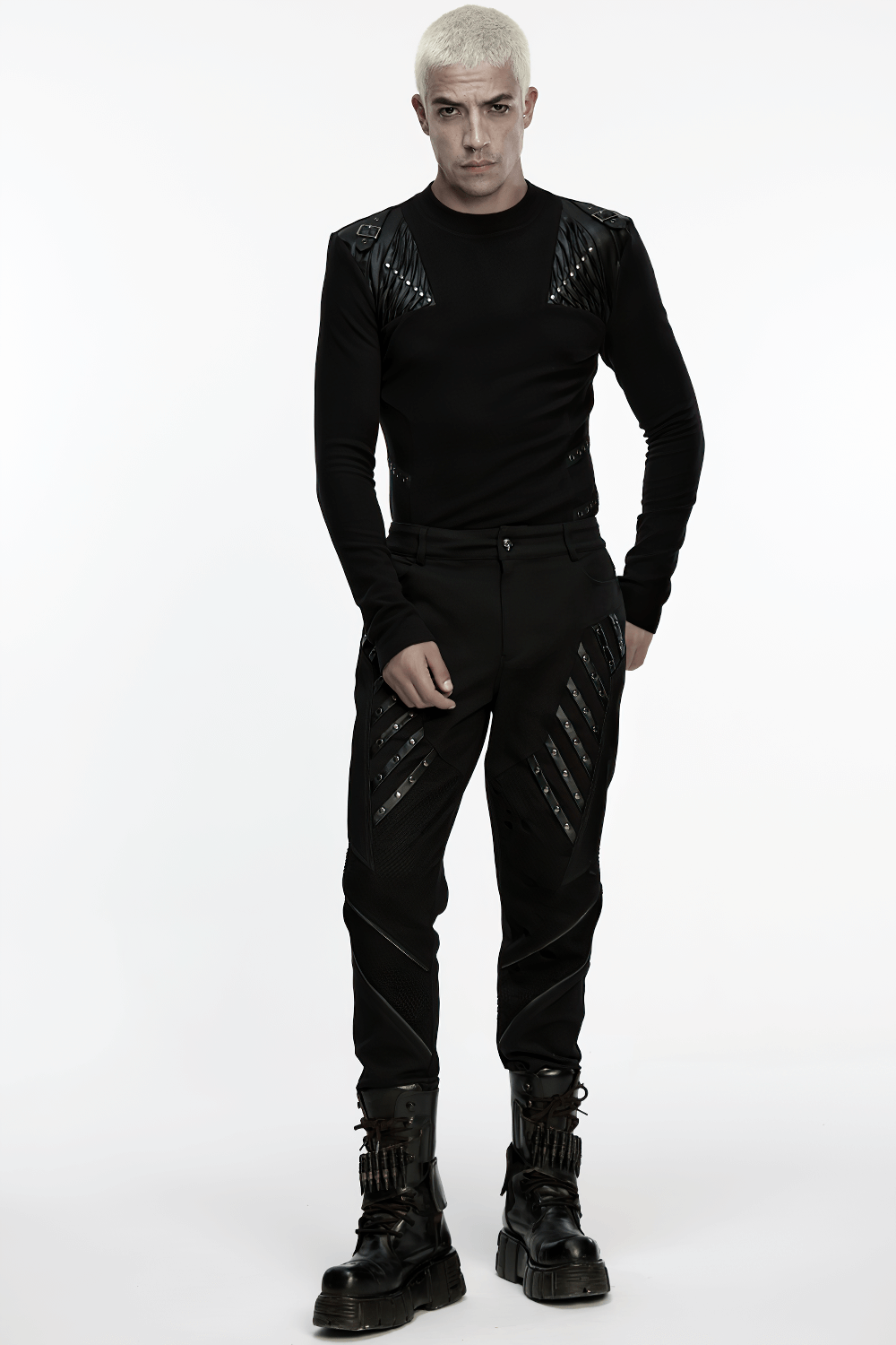 Black Cyberpunk Long Sleeve Top with Textured Panels