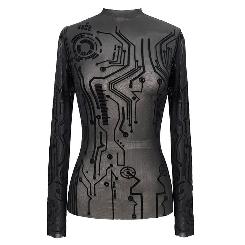 Black Cyberpunk Net Long Sleeve Top For Women / Sexy Ladies High Neckline Tops with Special Pattern