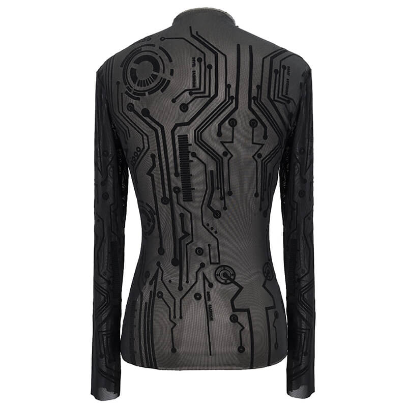 Black Cyberpunk Net Long Sleeve Top For Women / Sexy Ladies High Neckline Tops with Special Pattern
