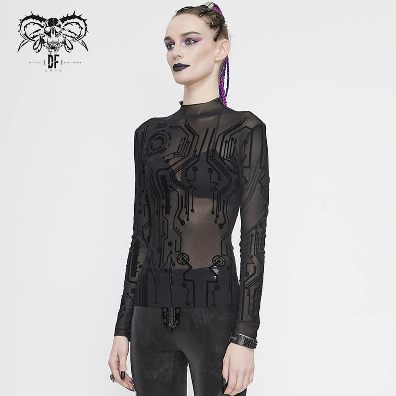 Black Cyberpunk Net Long Sleeve Top For Women / Sexy Ladies High Neckline Tops with Special Pattern