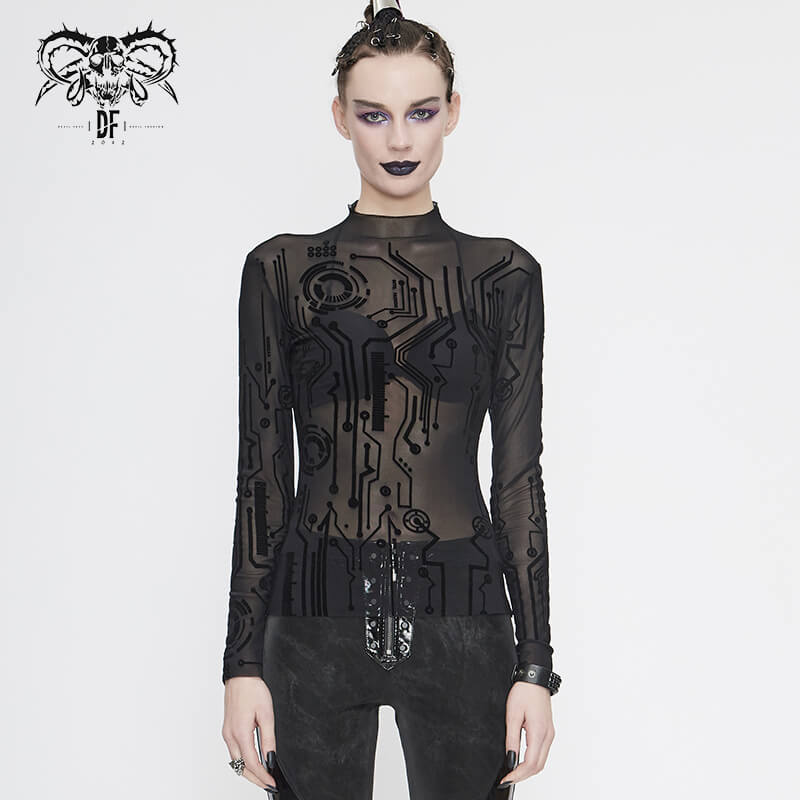 Black Cyberpunk Net Long Sleeve Top For Women / Sexy Ladies High Neckline Tops with Special Pattern