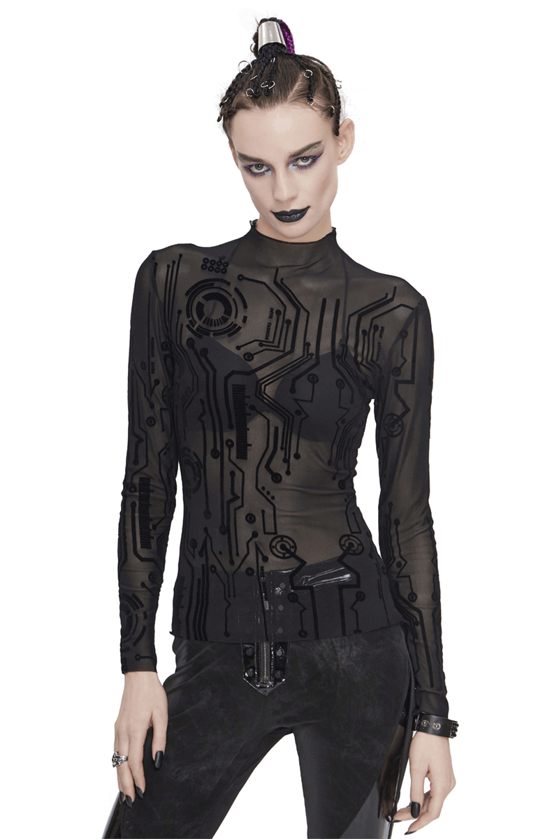 Black Cyberpunk Net Long Sleeve Top For Women / Sexy Ladies High Neckline Tops with Special Pattern