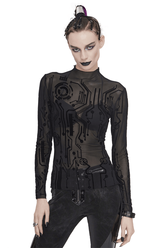 Black Cyberpunk Net Long Sleeve Top For Women / Sexy Ladies High Neckline Tops with Special Pattern