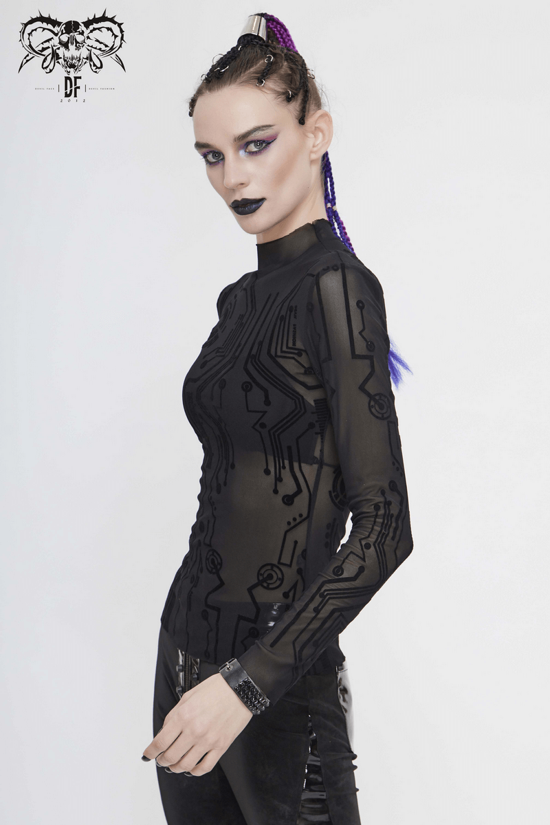 Black Cyberpunk Net Long Sleeve Top For Women / Sexy Ladies High Neckline Tops with Special Pattern