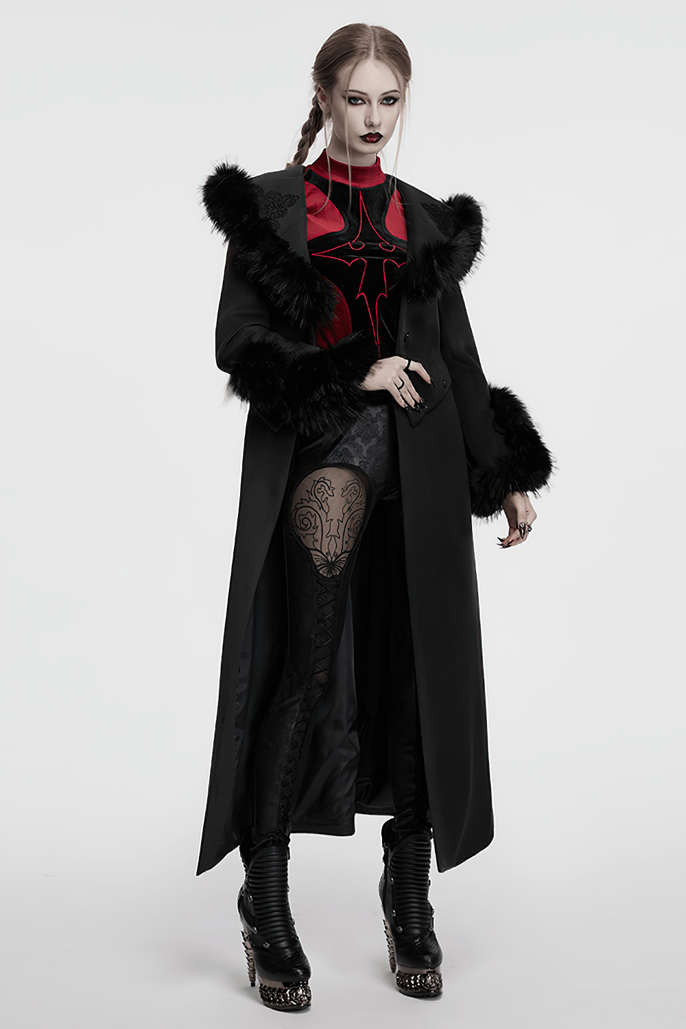 Black Detachable Two-Piece Coat with Fur Collar and Buckles