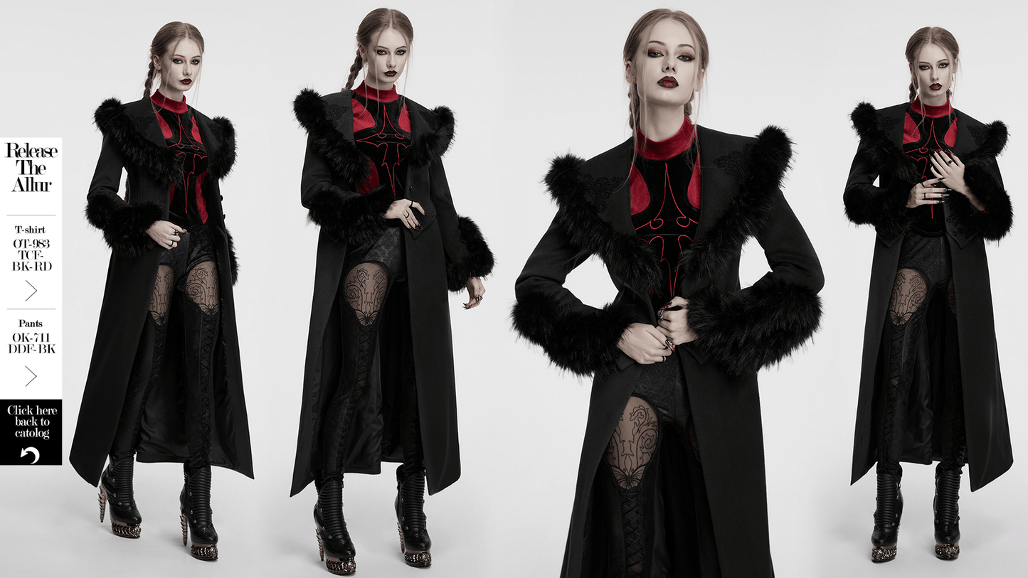 Black Detachable Two-Piece Coat with Fur Collar and Buckles