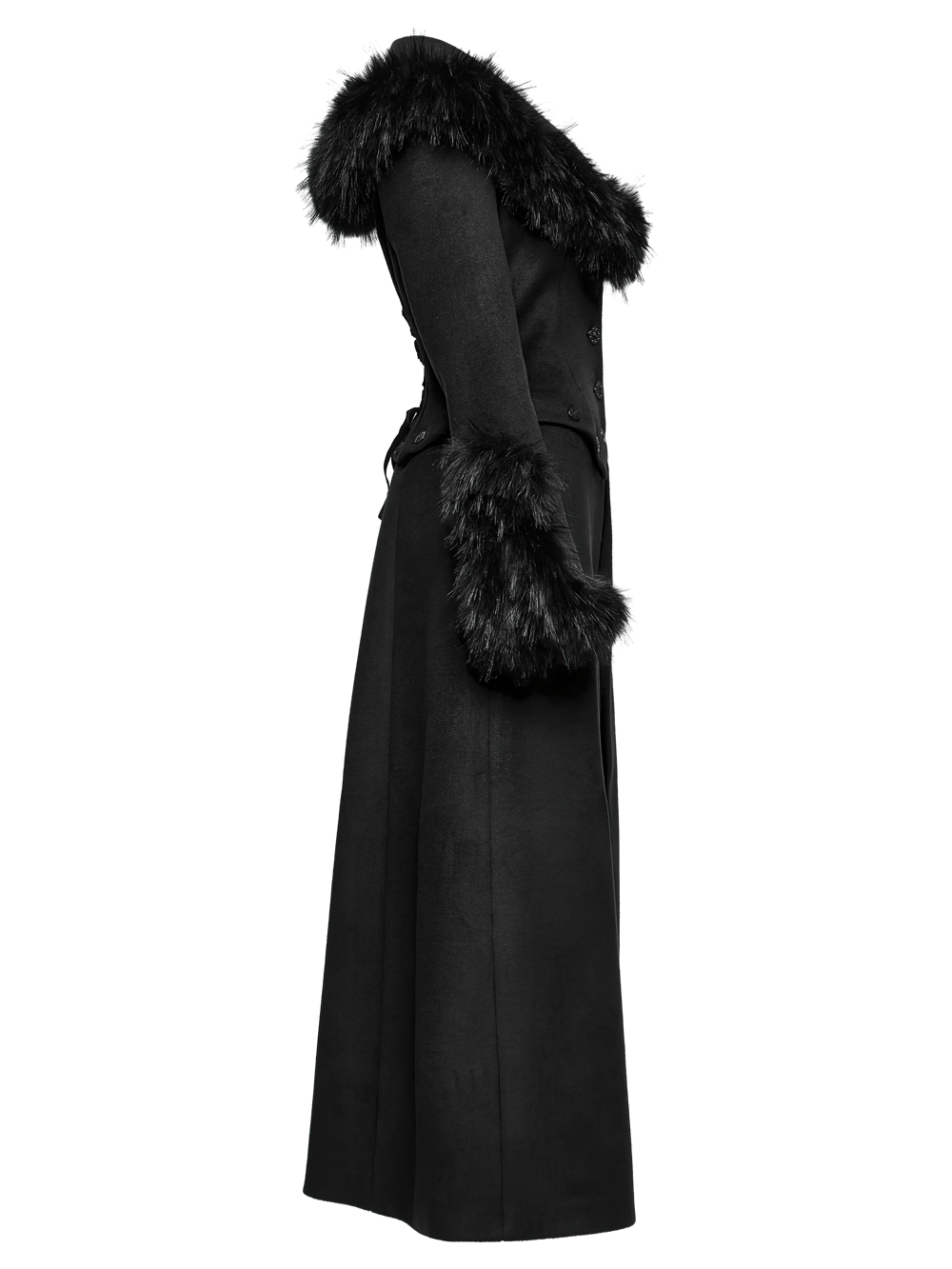 Black Detachable Two-Piece Coat with Fur Collar and Buckles