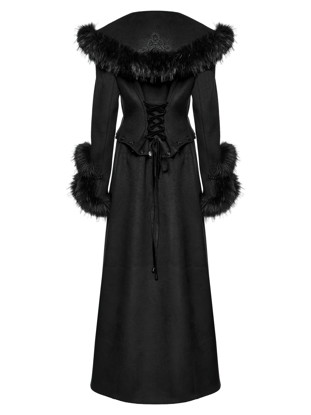 Black Detachable Two-Piece Coat with Fur Collar and Buckles