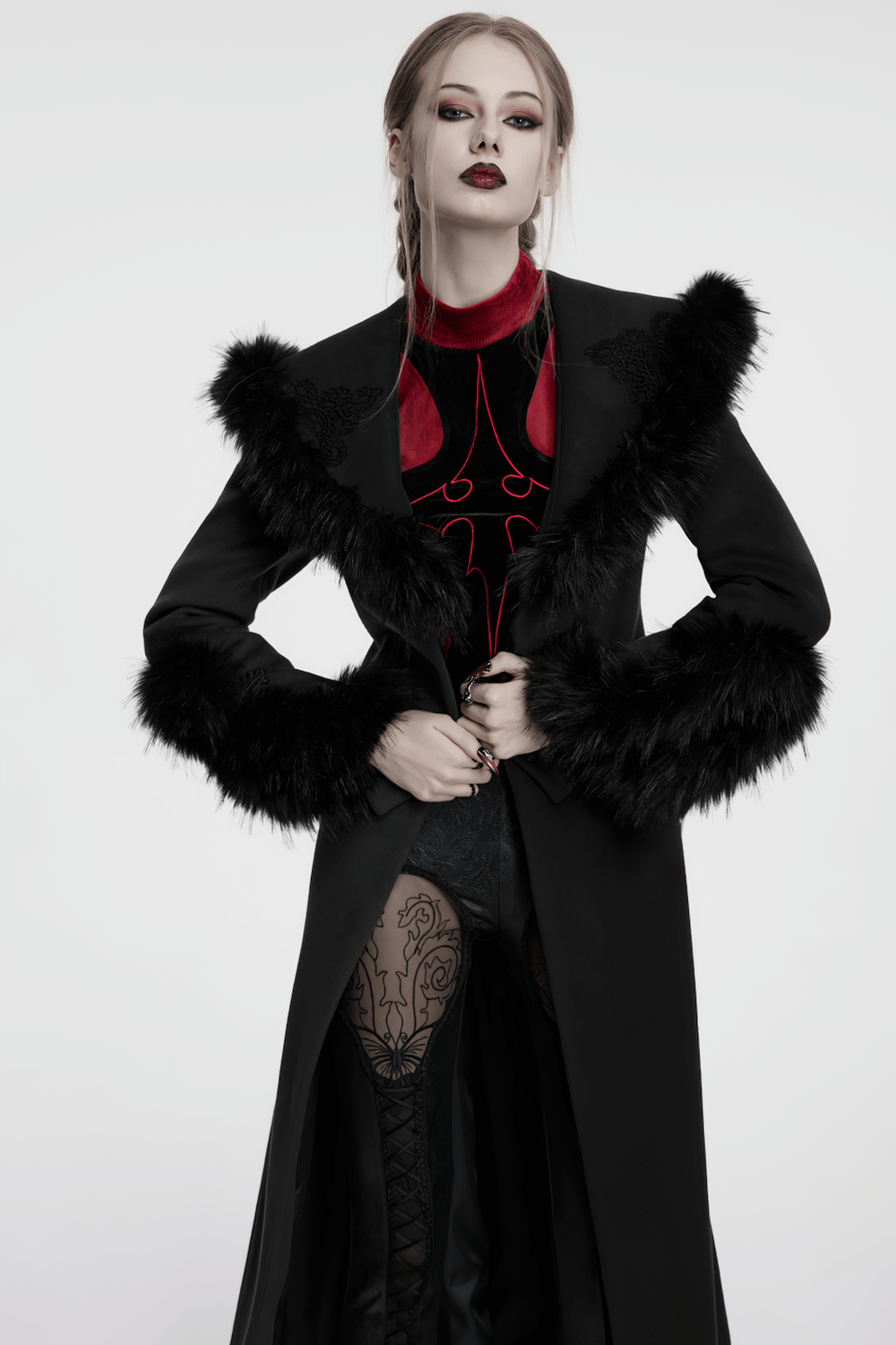 Black Detachable Two-Piece Coat with Fur Collar and Buckles