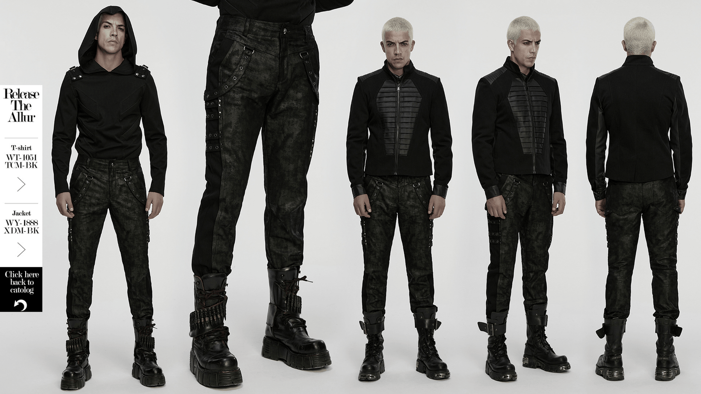 Black Distressed Twill Pants with Metal Eyelet Straps