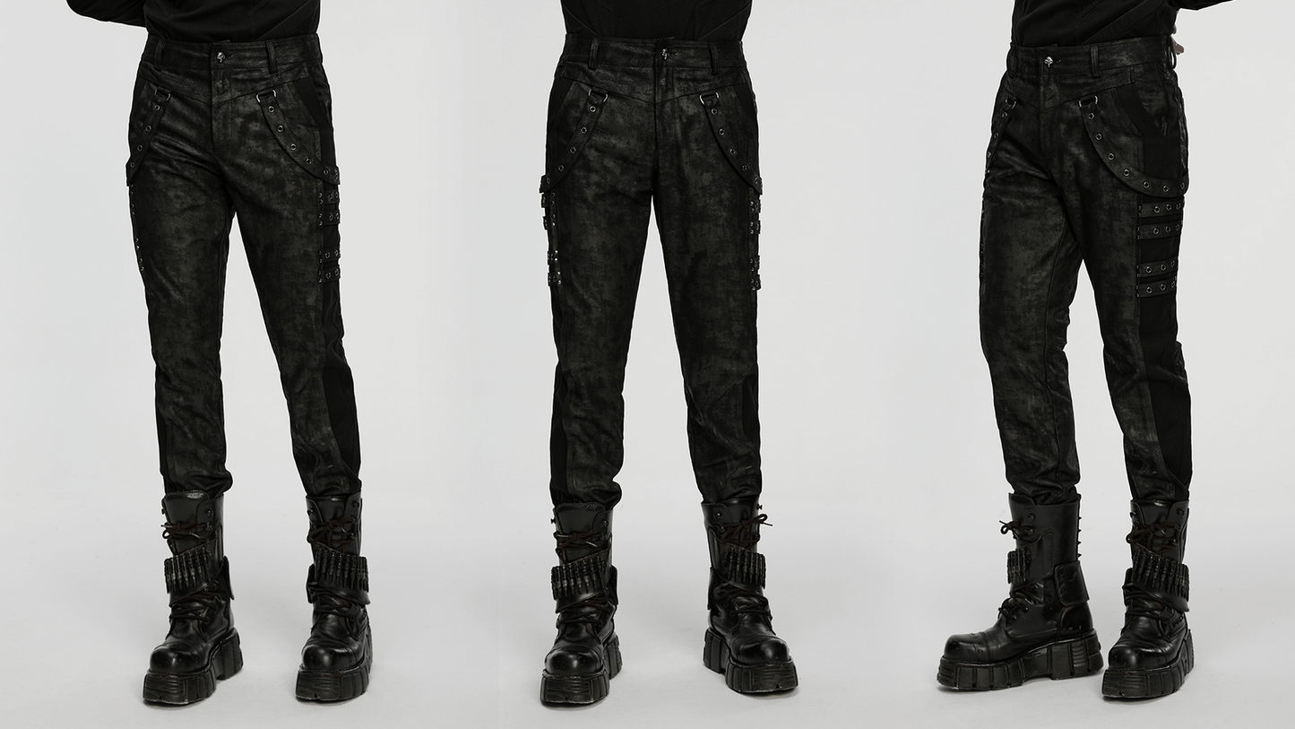Black Distressed Twill Pants with Metal Eyelet Straps