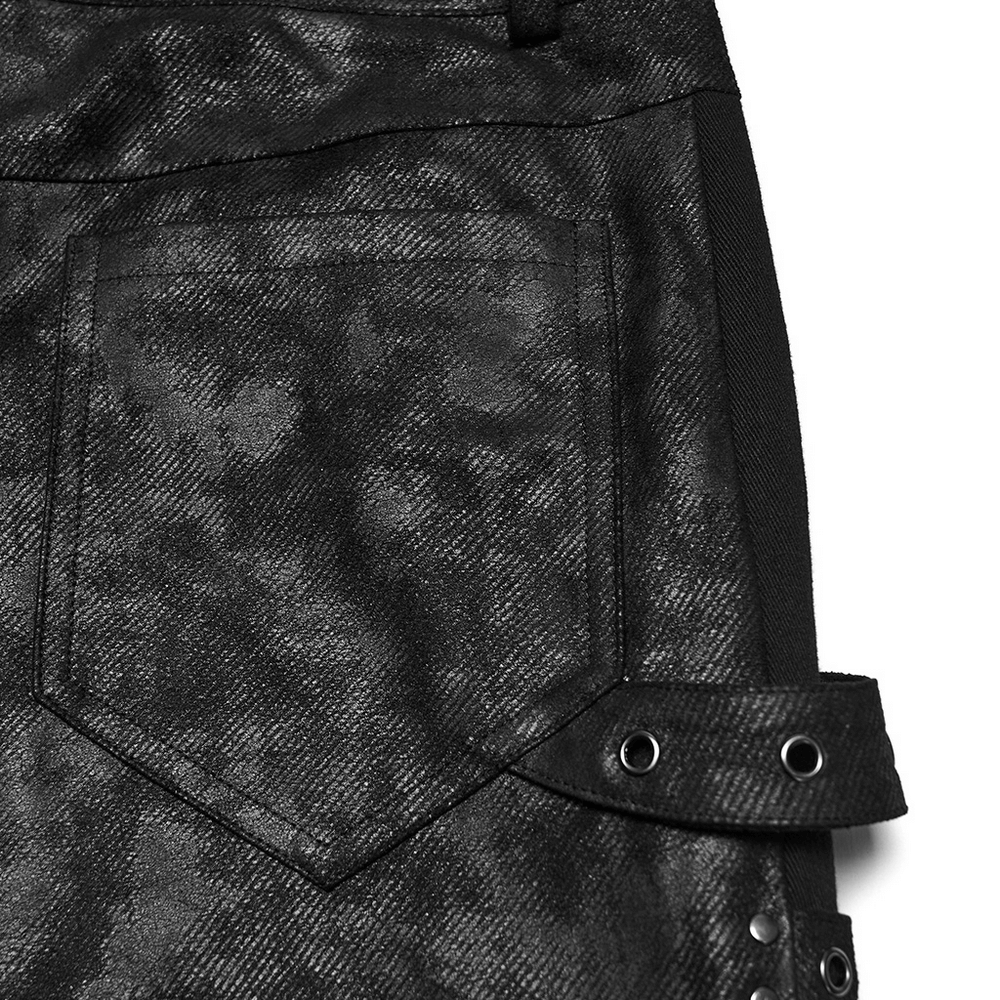 Black Distressed Twill Pants with Metal Eyelet Straps