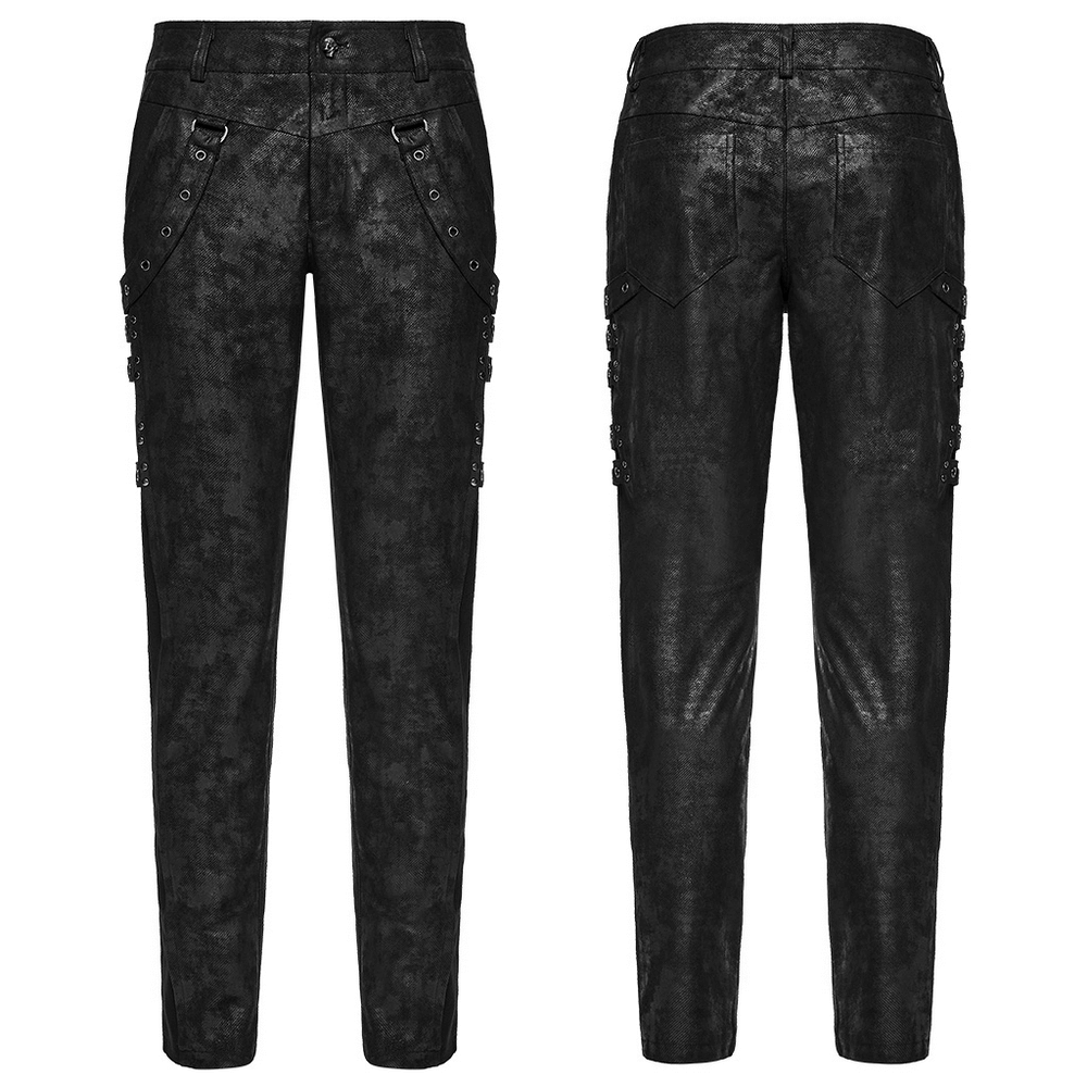 Black Distressed Twill Pants with Metal Eyelet Straps
