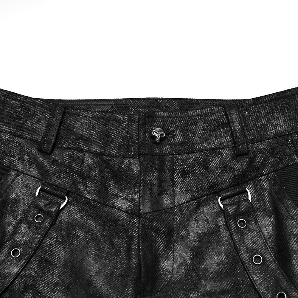 Black Distressed Twill Pants with Metal Eyelet Straps