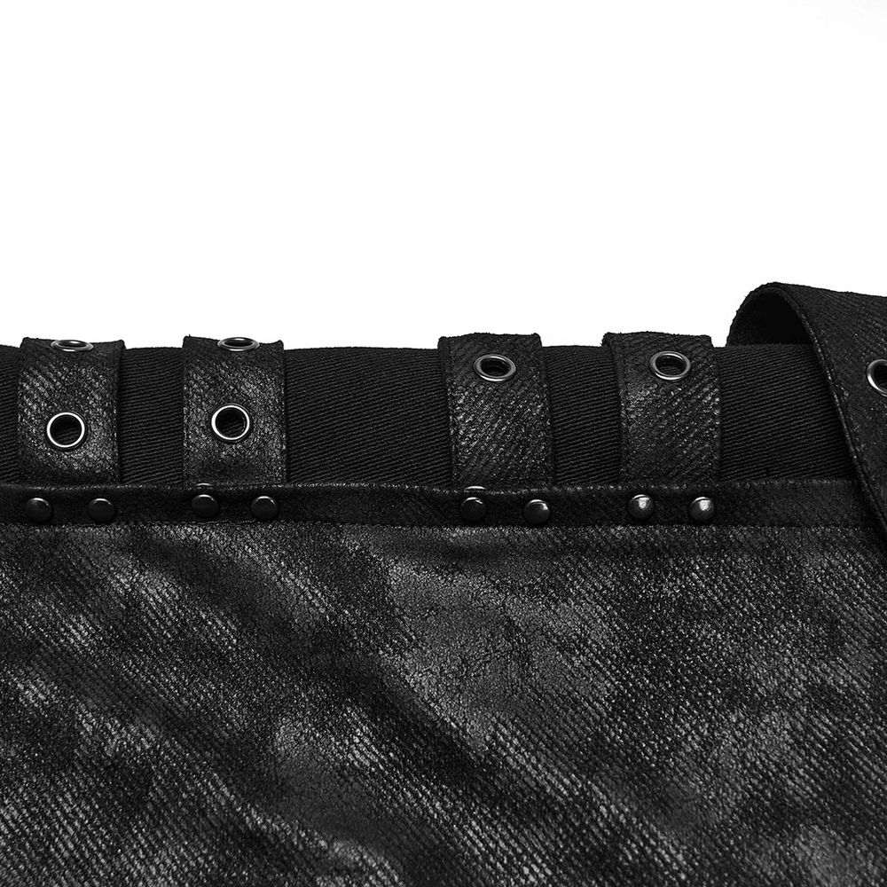 Black Distressed Twill Pants with Metal Eyelet Straps