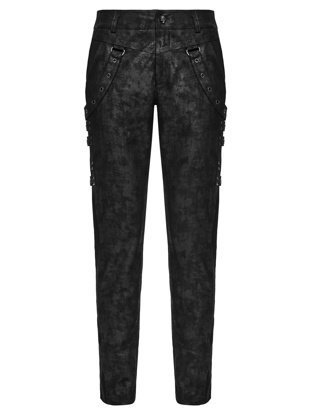 Black Distressed Twill Pants with Metal Eyelet Straps