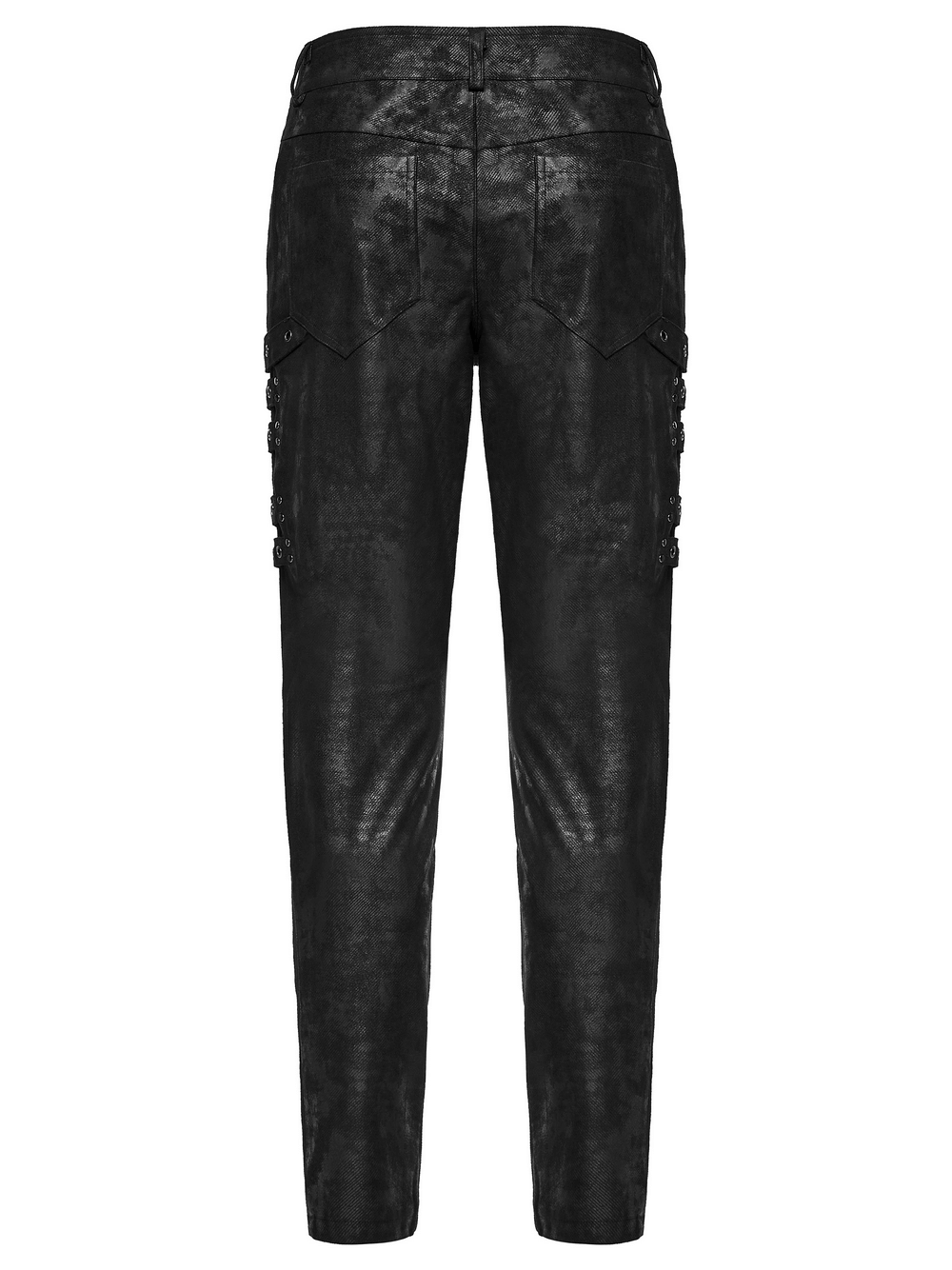 Black Distressed Twill Pants with Metal Eyelet Straps